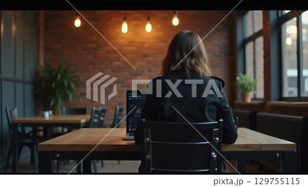 Person working in industrial loft office, back view Person working in industrial loft office, back view 129755115