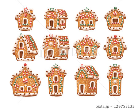 Christmas gingerbread house with winter holiday festive icing decoration isolated collection Christmas gingerbread house with winter holiday festive icing decoration isolated collection 129755133