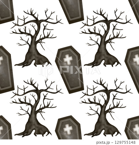 Hand drawn collection of Halloween seamless patterns. Ghosts, skulls, bats, pumpkins, spider, and candies, Trendy and kawaii repeatable background for Halloween and autumn holidays. 129755148