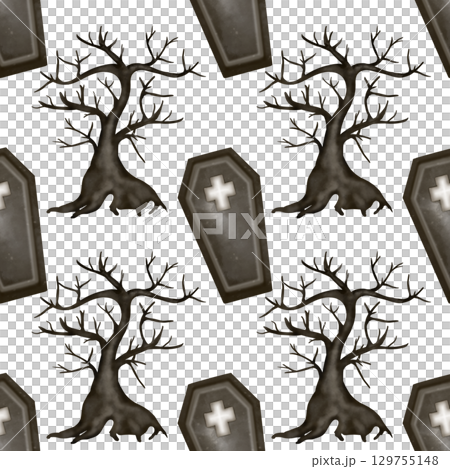 Hand drawn collection of Halloween seamless patterns. Ghosts, skulls, bats, pumpkins, spider, and candies, Trendy and kawaii repeatable background for Halloween and autumn holidays. 129755148