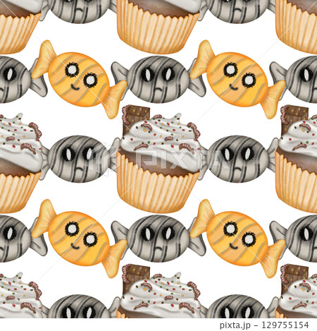 Hand drawn collection of Halloween seamless patterns. Ghosts, skulls, bats, pumpkins, spider, and candies, Trendy and kawaii repeatable background for Halloween and autumn holidays. 129755154