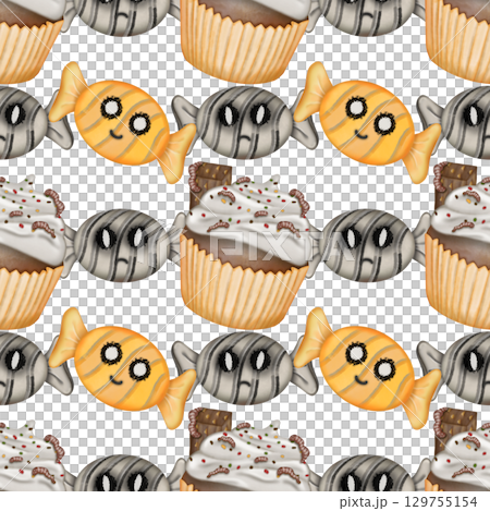 Hand drawn collection of Halloween seamless patterns. Ghosts, skulls, bats, pumpkins, spider, and candies, Trendy and kawaii repeatable background for Halloween and autumn holidays. 129755154