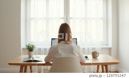 Person working in Scandinavian home office, back view Person working in Scandinavian home office, back view 129755247