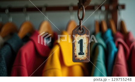 Vintage Soviet Coat Check Tag on Wooden Hanger - School Memories Macro Shot 129755248