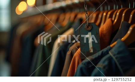 Vintage Metal Coat Check Tag on Hanger with Blurred Coats, Back-to-School Symbolism 129755252