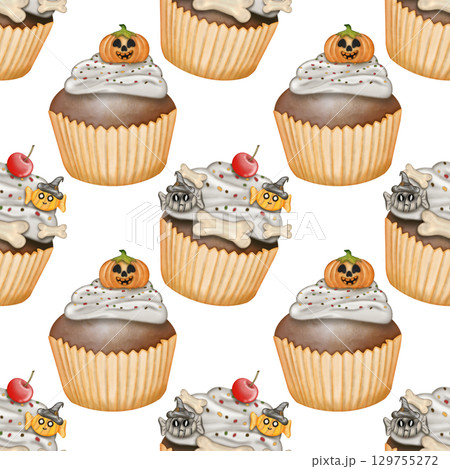Hand drawn collection of Halloween seamless patterns. Ghosts, skulls, bats, pumpkins, spider, and candies, Trendy and kawaii repeatable background for Halloween and autumn holidays. 129755272