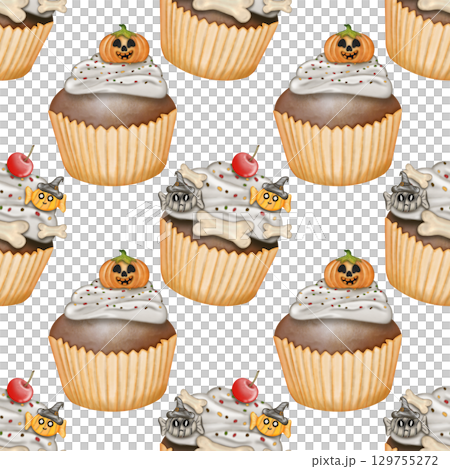 Hand drawn collection of Halloween seamless patterns. Ghosts, skulls, bats, pumpkins, spider, and candies, Trendy and kawaii repeatable background for Halloween and autumn holidays. 129755272