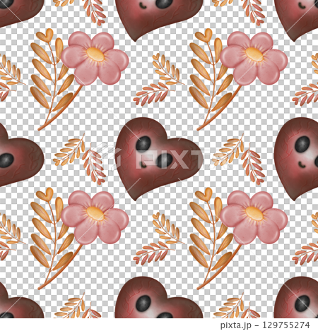 Hand drawn collection of Halloween seamless patterns. Ghosts, skulls, bats, pumpkins, spider, and candies, Trendy and kawaii repeatable background for Halloween and autumn holidays. 129755274