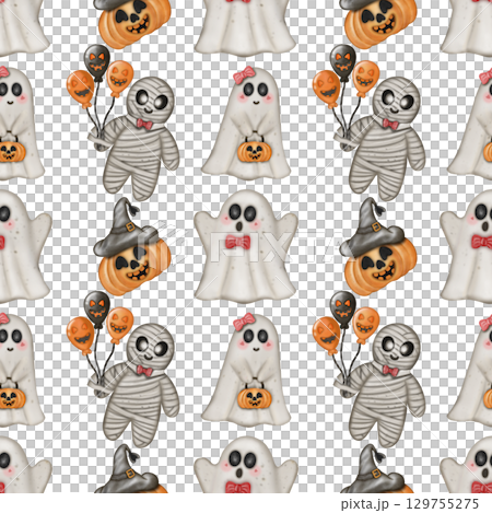 Hand drawn collection of Halloween seamless patterns. Ghosts, skulls, bats, pumpkins, spider, and candies, Trendy and kawaii repeatable background for Halloween and autumn holidays. 129755275