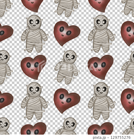 Hand drawn collection of Halloween seamless patterns. Ghosts, skulls, bats, pumpkins, spider, and candies, Trendy and kawaii repeatable background for Halloween and autumn holidays. 129755276