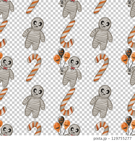 Hand drawn collection of Halloween seamless patterns. Ghosts, skulls, bats, pumpkins, spider, and candies, Trendy and kawaii repeatable background for Halloween and autumn holidays. 129755277