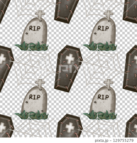 Hand drawn collection of Halloween seamless patterns. Ghosts, skulls, bats, pumpkins, spider, and candies, Trendy and kawaii repeatable background for Halloween and autumn holidays. 129755279