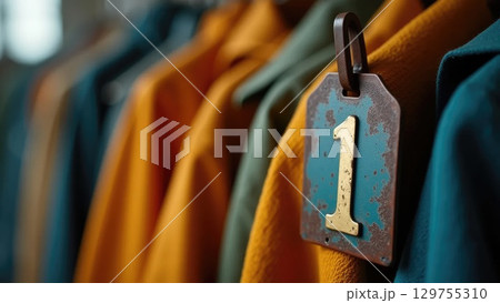 Vintage Soviet Coat Check Tag on Wooden Hanger - School Memories Macro Shot Vintage Soviet Coat Check Tag on Wooden Hanger - School Memories Macro Shot 129755310