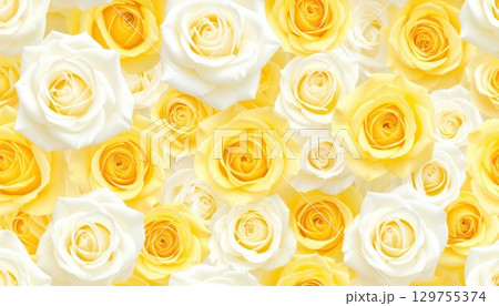 《AI画像》一面に埋め尽くされた黄色と白の薔薇の花 129755374