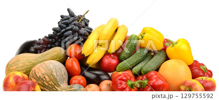 Beautiful and fresh vegetables and fruits isolated on white Beautiful and fresh vegetables and fruits isolated on white 129755592