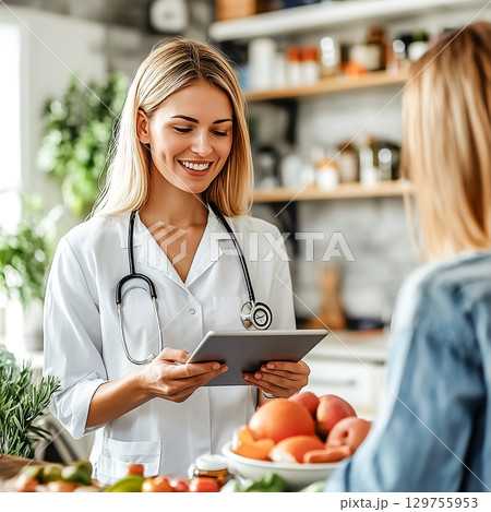 Young female nutritionist in white coat with tablet giving healthy lifestyle advice surrounded by fresh fruits. High quality photo 129755953