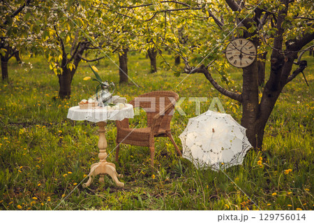 Romantic picnic in the spring garden. Decorations for a photo shoot in a blooming Apple orchard. A coffee table filled with cups, candy, pastries, and a vase of tulips, wicker chair, lace umbrella. 129756014