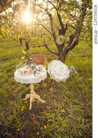 Romantic picnic in the spring garden. Decorations for a photo shoot in a blooming Apple orchard. A coffee table filled with cups, candy, pastries, and a vase of tulips, wicker chair, lace umbrella. 129756016