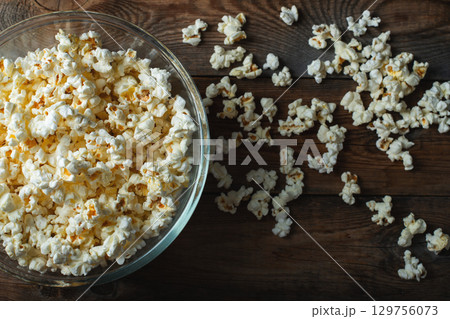 Popcorn on wood color background.Food and snack concepts ideas.Minimal style top view mockup 129756073