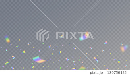 Holographic confetti falling on transparent background. Rainbow light hologram. Prism lens. Shiny festive decor. Crystal texture. Party celebration frame. Glamour design. Vector Illustration Holographic confetti falling on transparent background. Rainbow light hologram. Prism lens. Shiny festive decor. Crystal texture. Party celebration frame. Glamour design. Vector Illustration 129756183