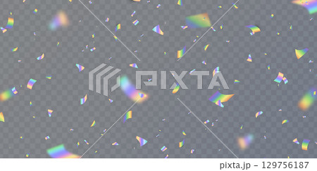 Holographic confetti falling on transparent background. Rainbow light hologram. Prism lens. Shiny festive decor. Crystal texture. Party celebration. Glamour design. Vector Illustration Holographic confetti falling on transparent background. Rainbow light hologram. Prism lens. Shiny festive decor. Crystal texture. Party celebration. Glamour design. Vector Illustration 129756187