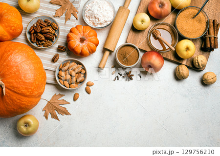 Autumn fall baking background with pumpkins and ingredients 129756210
