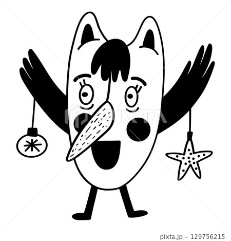 Funny bird with Christmas trees. Christmas, New year concept. hand drawn illustration 129756215