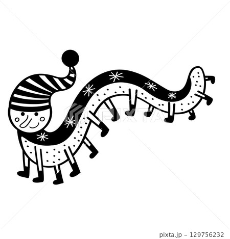 Funny Christmas worm with hat. Christmas, New year concept. Hand drawn illustration Funny Christmas worm with hat. Christmas, New year concept. Hand drawn illustration 129756232
