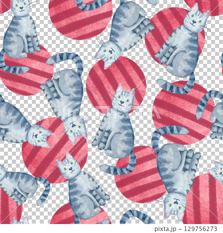 Playful gray tabby cats, textured red circles on white background. Seamless watercolor pattern isolated on white. Fun, hand-painted design ideal for apparel, accessories, wrapping paper, creative Playful gray tabby cats, textured red circles on white background. Seamless watercolor pattern isolated on white. Fun, hand-painted design ideal for apparel, accessories, wrapping paper, creative 129756273