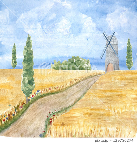 Landscape with stone windmill by a rural dirt road, by golden fields, green trees, and tall cypress. Charming watercolor ideal for greeting cards, wall art, book illustrations, and seasonal stationery 129756274