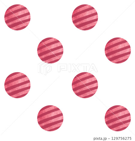Red textured balls with diagonal stripes. Seamless watercolor pattern isolated on white. Playful minimal design suitable for childrens products, textiles, wrapping paper, and pet-themed backgrounds 129756275