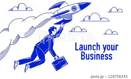 A businessman in a suit on a rocket. Launch your business Start up concept. Successful project 129756345