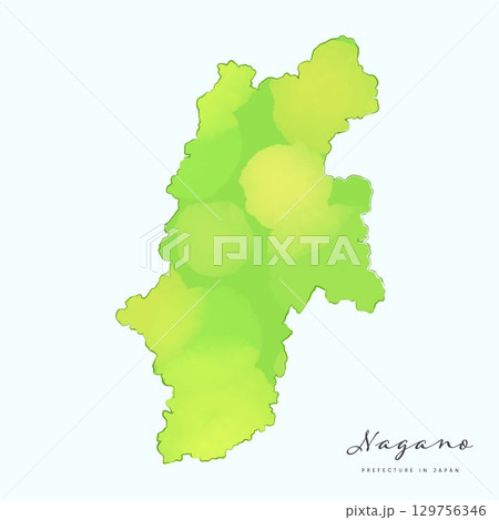 水彩で描いた、長野県の地図。日本の47都道府県の地図シリーズ, 129756346