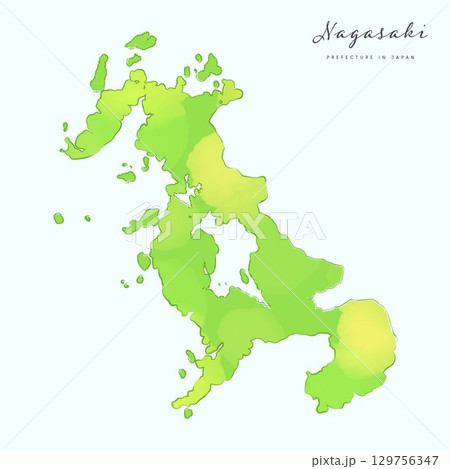 水彩で描いた、長崎県の地図。日本の47都道府県の地図シリーズ 129756347