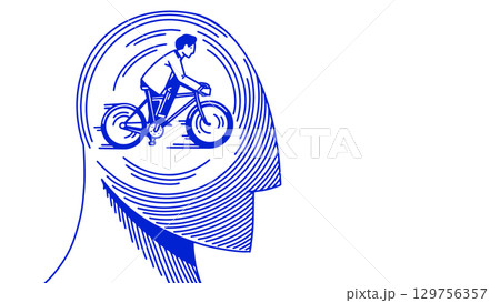 Creative thinking, ideas and conclusions concept. A business man riding a bike inside a head 129756357