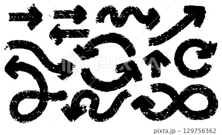 Big set of black arrows made with brush strokes, marker drawn or pen. Collection of grunge hand 129756362