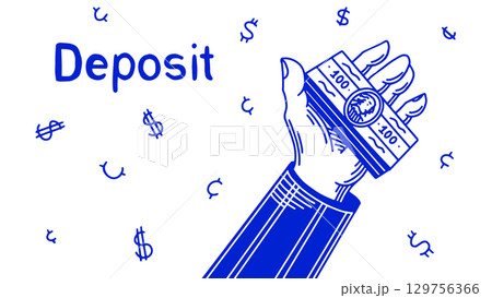 A hand in suit with a pack of money, dollars concept of sharing, withdraw or deposit money in your 129756366
