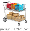 Office mail distribution trolley with folders and packages isolated on white background - 3d illustration 129756526