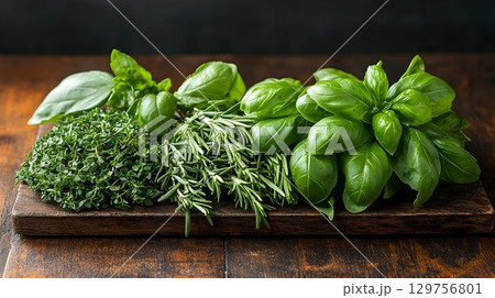Fresh green herbs on wooden board culinary photography 129756801