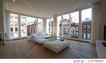 Modern apartment interior with sunlight and city view 129756864