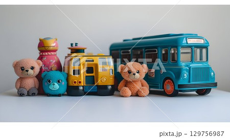 Adorable teddy bears with toy vehicles playful childrens photography 129756987