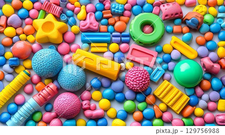 Colorful plastic shapes and objects background 129756988