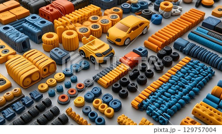 Colorful plastic parts and miniature cars industrial background 129757004