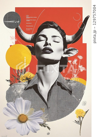 Taurus zodiac as fashion collage with woman and bull horns. Female astrological horoscope sign creative print 129757084