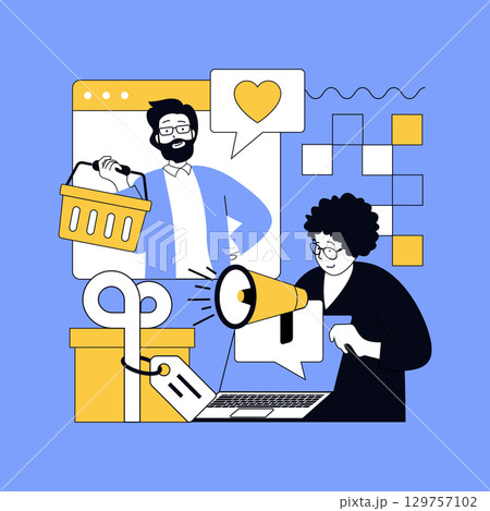 Digital content marketing concept for modern web design. People making internet advertising, targeting audience, doing online promotion with gifts and sale for attracting clients. Vector illustration. Digital content marketing concept for modern web design. People making internet advertising, targeting audience, doing online promotion with gifts and sale for attracting clients. Vector illustration. 129757102
