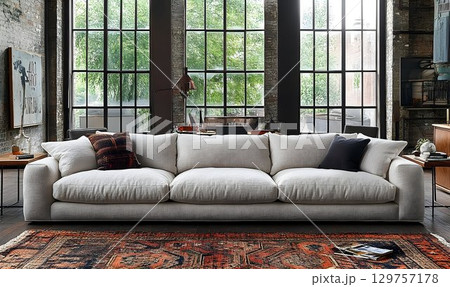 Spacious living room with comfortable off white sofa and large windows 129757178
