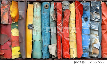Colorful weathered metal sheets texture background 129757227