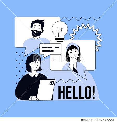 Communication concept for modern web design. People chatting online, meeting at video conference, sending messages to virtual friends, discussing and commenting in speech bubbles. Vector illustration. 129757228