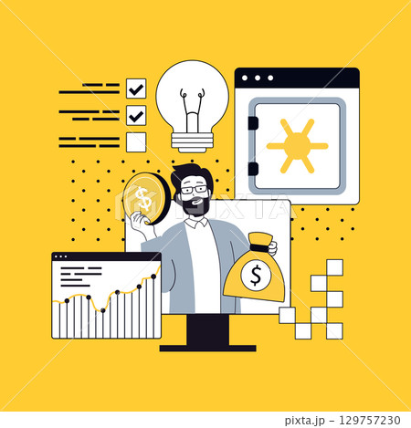 Business technology concept for modern web design. People brainstorming ideas, creating new startup projects, making investments, accounting and doing deposits, achieving goals. Vector illustration. 129757230