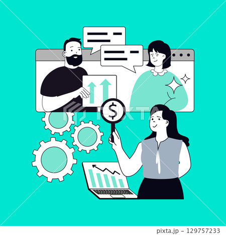 Business technology concept for modern web design. People analyzing financial data statistic, colleagues collaboration and communication at meeting, achieving goals in teamwork. Vector illustration. Business technology concept for modern web design. People analyzing financial data statistic, colleagues collaboration and communication at meeting, achieving goals in teamwork. Vector illustration. 129757233
